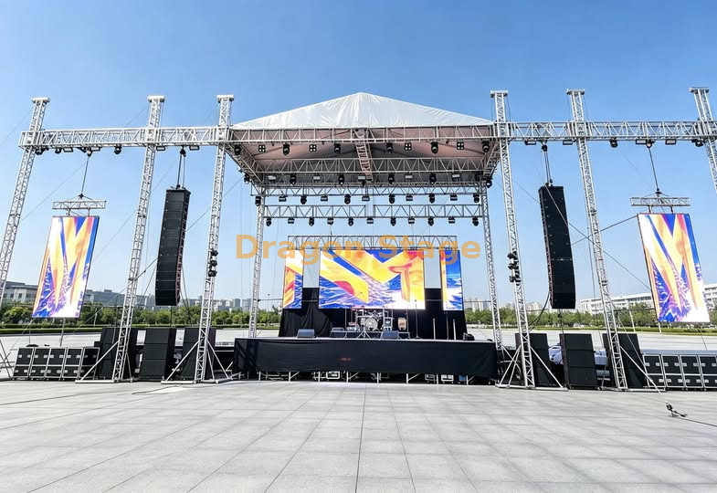 18x8x8m Professional Aluminum A-Frame Lighting Roof Truss System with Side Wings for Concert and Festival Production Système de fermes de toit d'éclairage professionnel en aluminium, 18x8x8m, avec ailes latérales, pour la production de concerts et de festivals