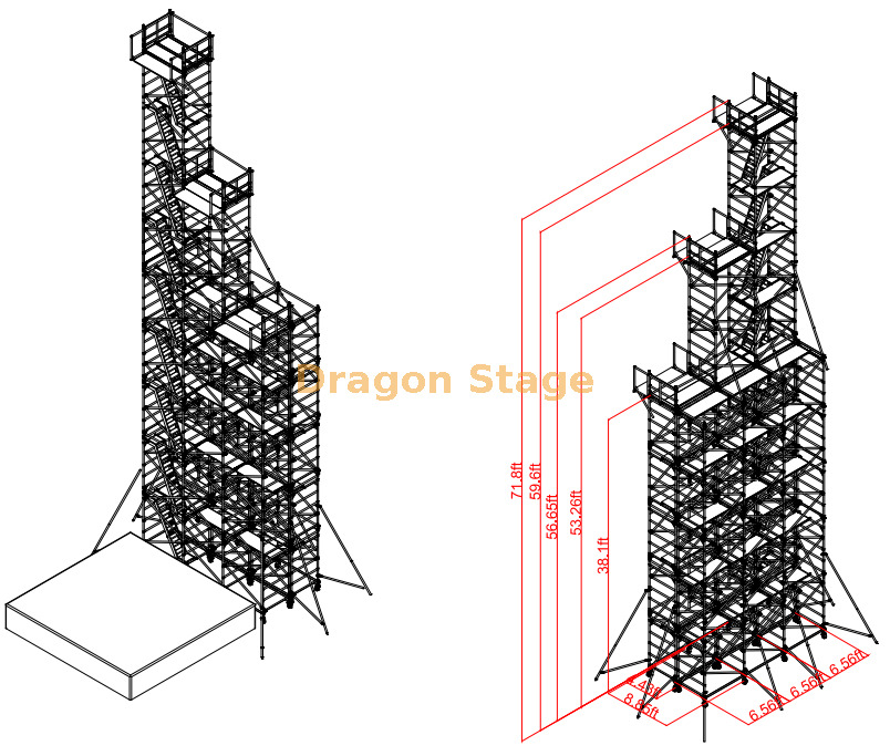 1.35m wide 2M deep scaffolding platform 22M high for diving Plateforme d'échafaudage de 1,35 m de large 2 m de profondeur 22 m de haut pour la plongée
