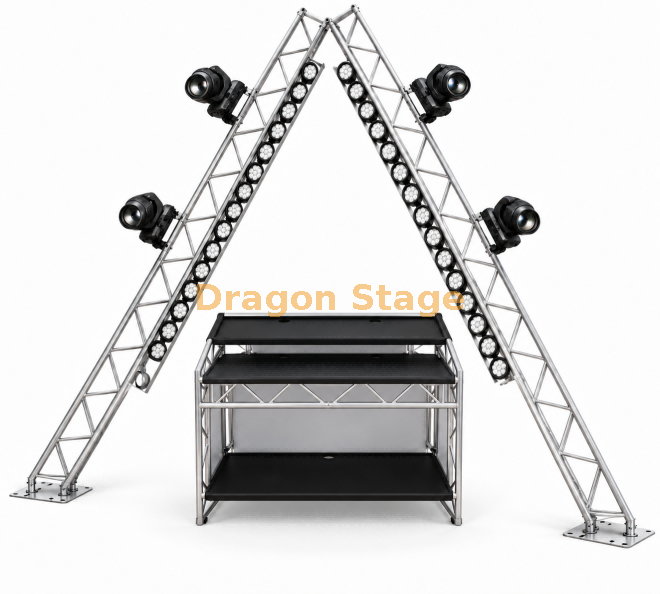 3m A-Frame 300mm Bolt Truss DJ Booth with Integrated DJ Table Cabine DJ à structure en A de 3 m, 300 mm, avec table DJ intégrée