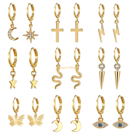 Boucles d'oreilles en acier inoxydable pour femmes et filles, bijoux personnalisés, petite étoile, lune, mauvais œil, or 14 carats, papillon, Huggie