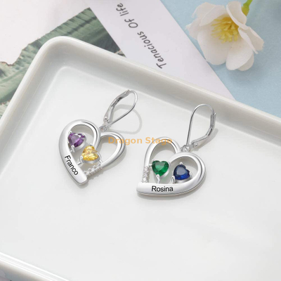 Bijoux fille personnalisé cz pierre de naissance gravé nom boucles d'oreilles en acier inoxydable personnalisé perle forme de coeur boucles d'oreilles pendantes