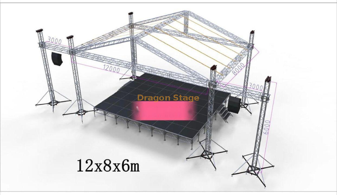 Plate-forme de scène de concert en plein air avec système de fer à toit en hauteur 12x8x6m plate-forme de scène modulaire 10.98x7.32m Hauteur 1.2-2M