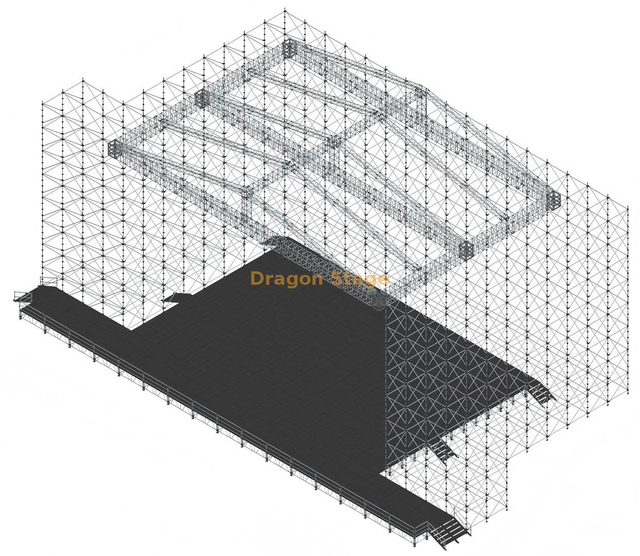 Système de fermes de toit pyramidales à grande portée de 20x20 m avec 3 poutres à longue portée pour système Layher