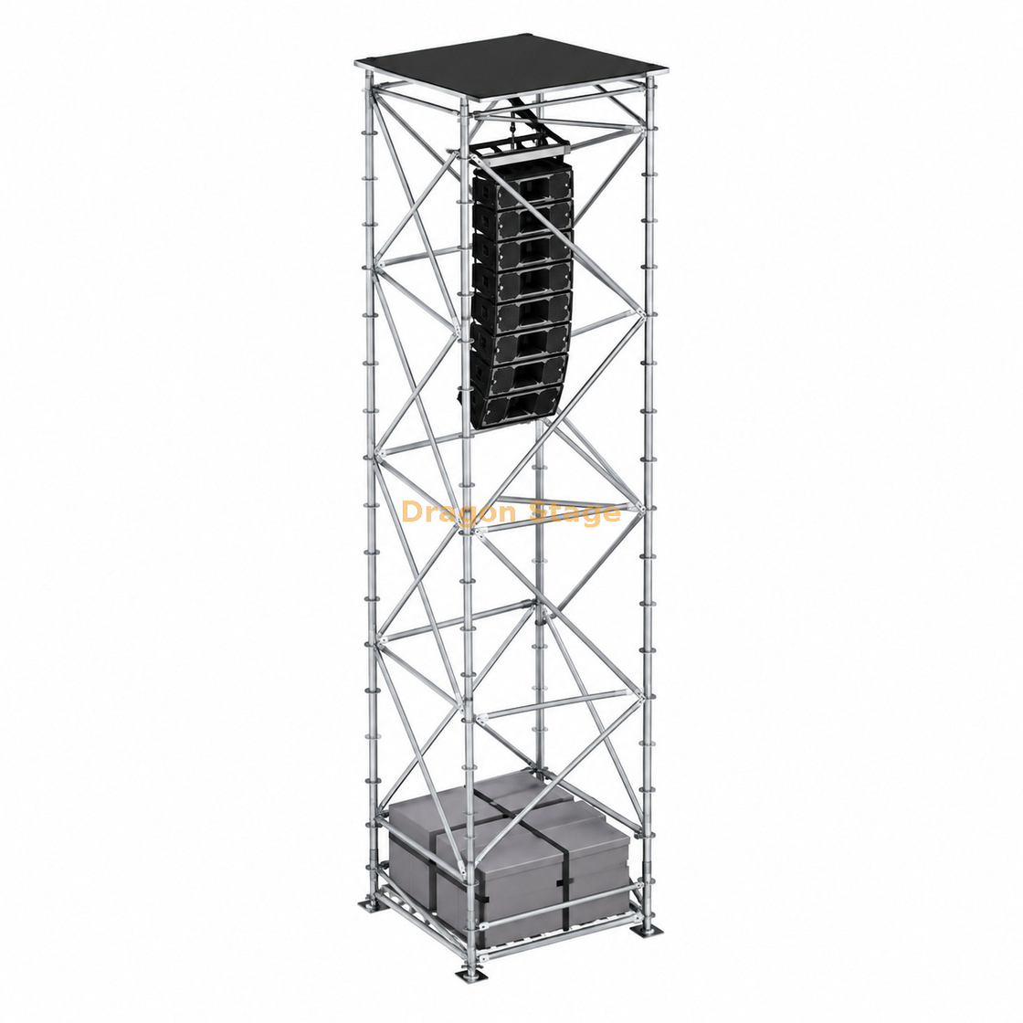 Tour suspendue Ringlock Line Array 2x2x8m avec toit, ballast et plate-forme de travail
