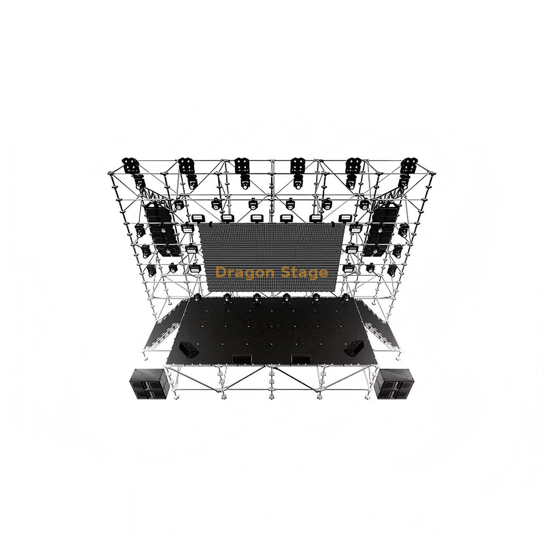 Structure de fond LED Ringlock 12x2x10m avec scène Ringlock 8x4x2m et 2 escaliers