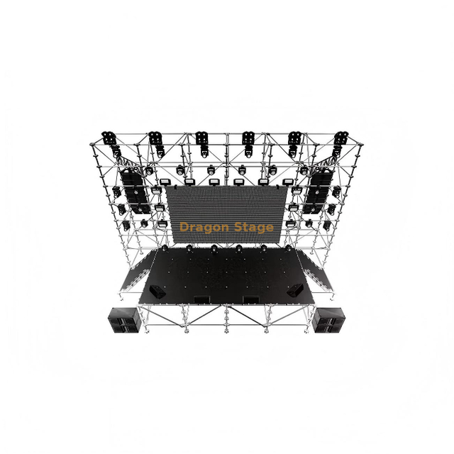 Structure de fond LED Ringlock 12x2x10m avec scène Ringlock 8x4x2m et 2 escaliers