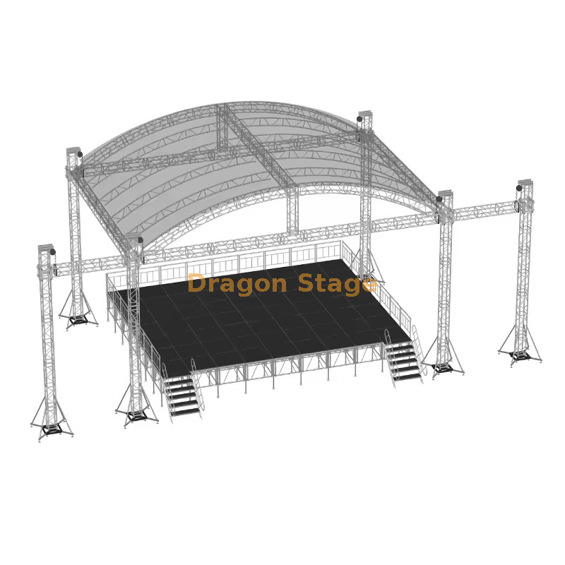 Système de fermes de toit incurvées en aluminium 15x10x8m avec ailes latérales jumelles de 2m pour scènes de concert