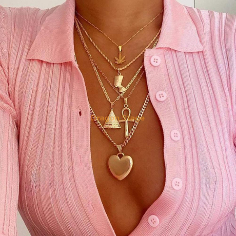 Déclaration de mode femmes hommes multicouche coeur collier bijoux personnalisé feuille d'érable or croix pendentif egypte collier