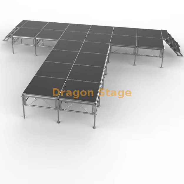 Scène mobile modulaire en aluminium en forme de T de 7,32 x 7,32 m avec escaliers – réglable en hauteur (0,8 m)