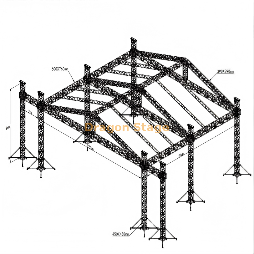 Grand système de fermes de toit pour scène de concert extérieure de 24 x 24 x 9 m avec ailes latérales – assemblage de toit en alliage d'aluminium robuste.