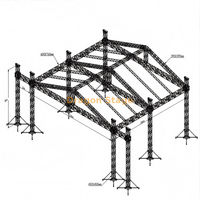 Grand système de fermes de toit pour scène de concert extérieure de 24 x 24 x 9 m avec ailes latérales – assemblage de toit en alliage d'aluminium robuste.