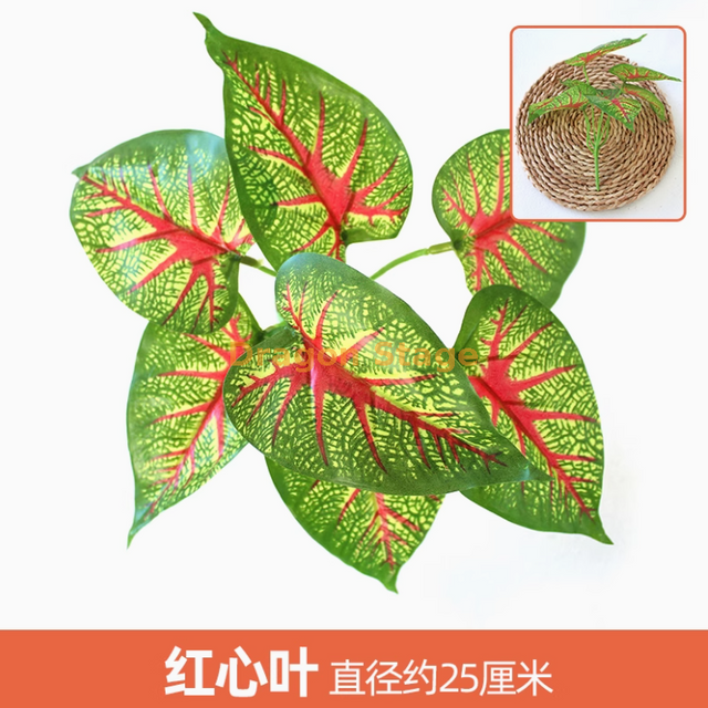 Plantes vertes simulation murale pelouse en plastique balcon fond intérieur mur fleur mur or de coeur rouge feuille 1 branche