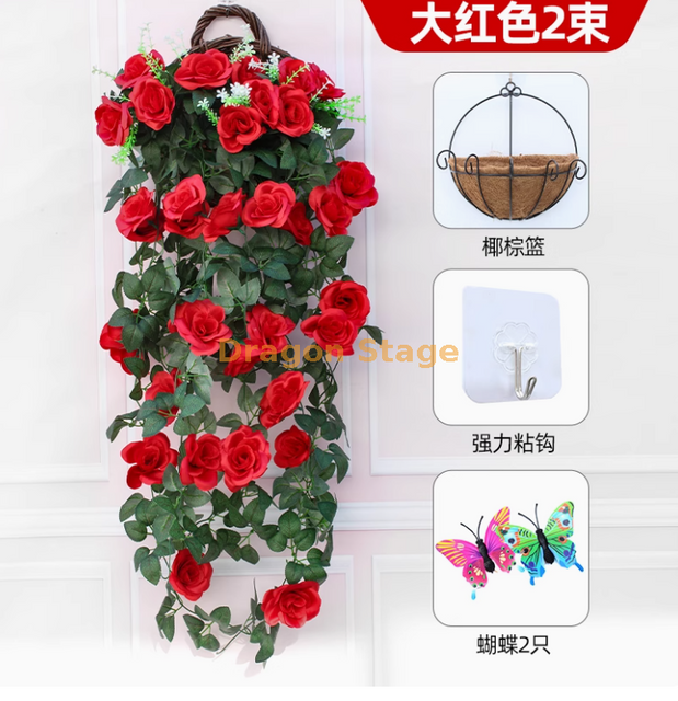 Mur violet simulé orchidée grande broderie artificielle fleur en plastique de fleur de soie rouge -2 roses panier marron coco + 2 papillons