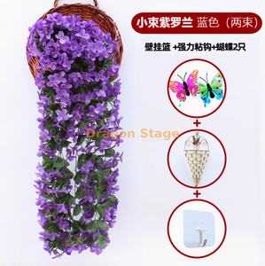 Mur violet simulé orchidée grande broderie artificielle fleur en plastique de fleur de soie rotin bleu foncé 2 petit panier violet crochet