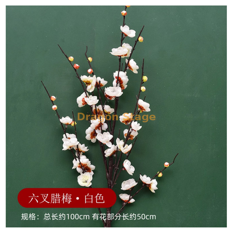 Branches de fleurs de pêche simulées, fausses fleurs de prune, branches de fleurs de cerisier, décoration de salon, fleurs de soie, fausses fleurs de mariage, fleurs en plastique, six blancs blancs blancs