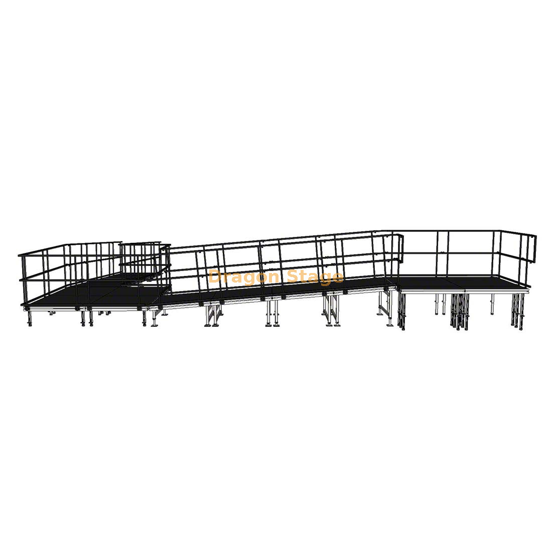 Rampe de scène modulaire en aluminium à 90 degrés, 9,82x8,26 m, pour accès aux fauteuils roulants et chargement d'équipement de concert
