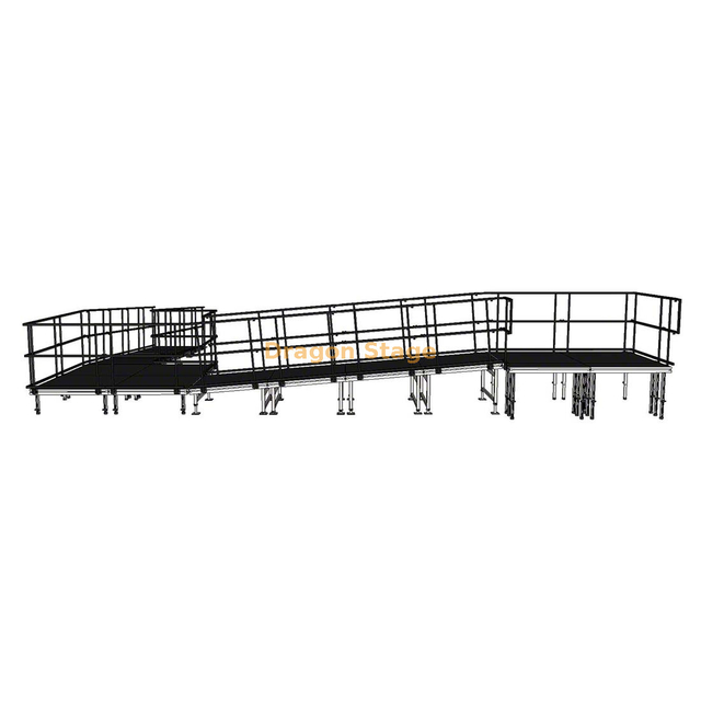 Rampe de scène modulaire en aluminium à 90 degrés, 9,82x8,26 m, pour accès aux fauteuils roulants et chargement d'équipement de concert