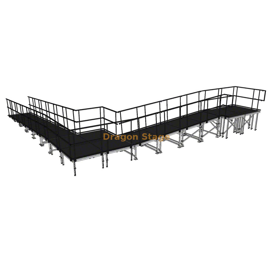 Rampe de scène modulaire en aluminium à 90 degrés, 9,82 x 10,71 m, avec palier et double garde-corps