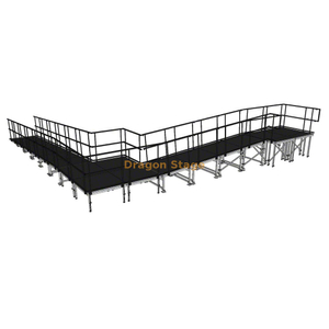 Rampe de scène modulaire en aluminium à 90 degrés, 9,82 x 10,71 m, avec palier et double garde-corps