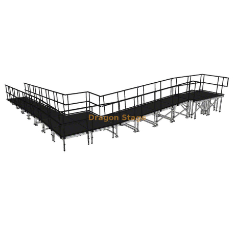 Rampe de scène modulaire en aluminium à 90 degrés, 9,82 x 10,71 m, avec palier et double garde-corps