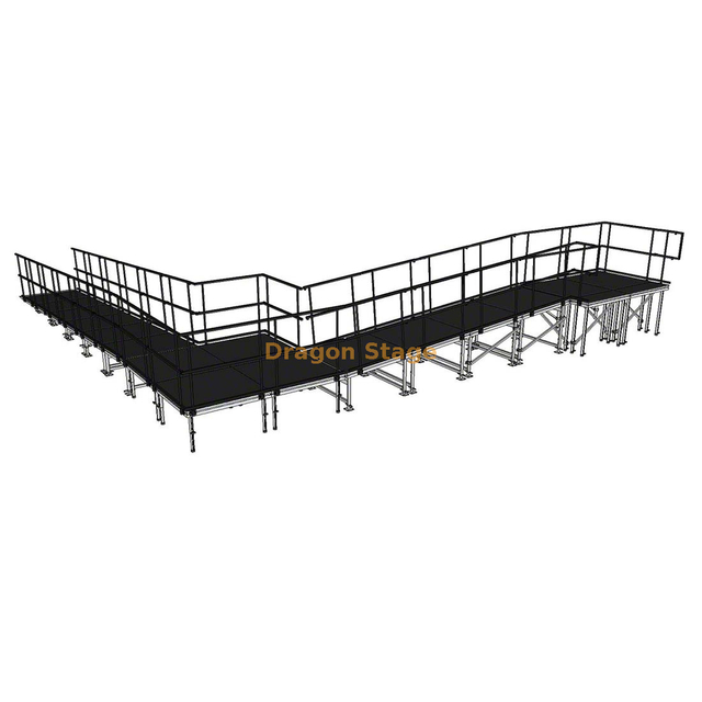 Rampe de scène modulaire en aluminium à 90 degrés, 9,82 x 10,71 m, avec palier et double garde-corps