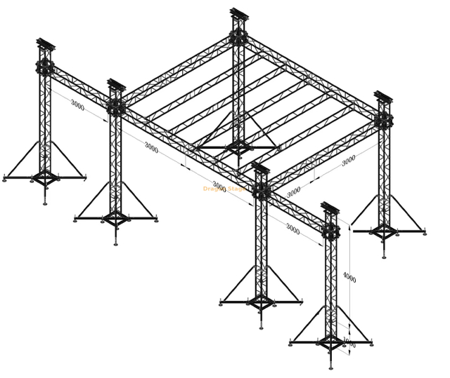 Système de fermes de scène en aluminium à toit plat 6x6x5m avec hauteur de 5m et ailes de haut-parleur de 3m