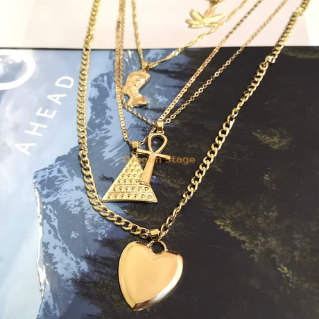 Déclaration de mode femmes hommes multicouche coeur collier bijoux personnalisé feuille d'érable or croix pendentif egypte collier