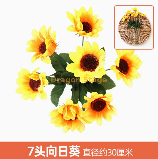 Plantes vertes, murs de plantes simulées, pelouses en plastique, balcons, arrière-plans intérieurs, murs de fleurs, jaune, 7 têtes de tournesols, 1 faisceau