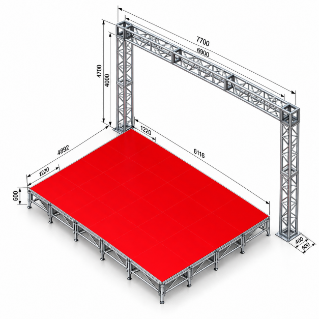 Sc&egrave;ne &eacute;v&eacute;nementielle modulaire rouge de 6,72 x 4,89 m avec portique en treillis arri&egrave;re de 7,7 m de large et 4,4 m de haut.png