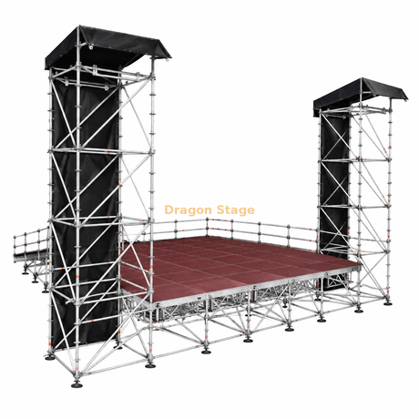 Système de scène Ringlock intégré avec 2 tours Line Array, scène de 10 x 10 m et rampe de chargement arrière