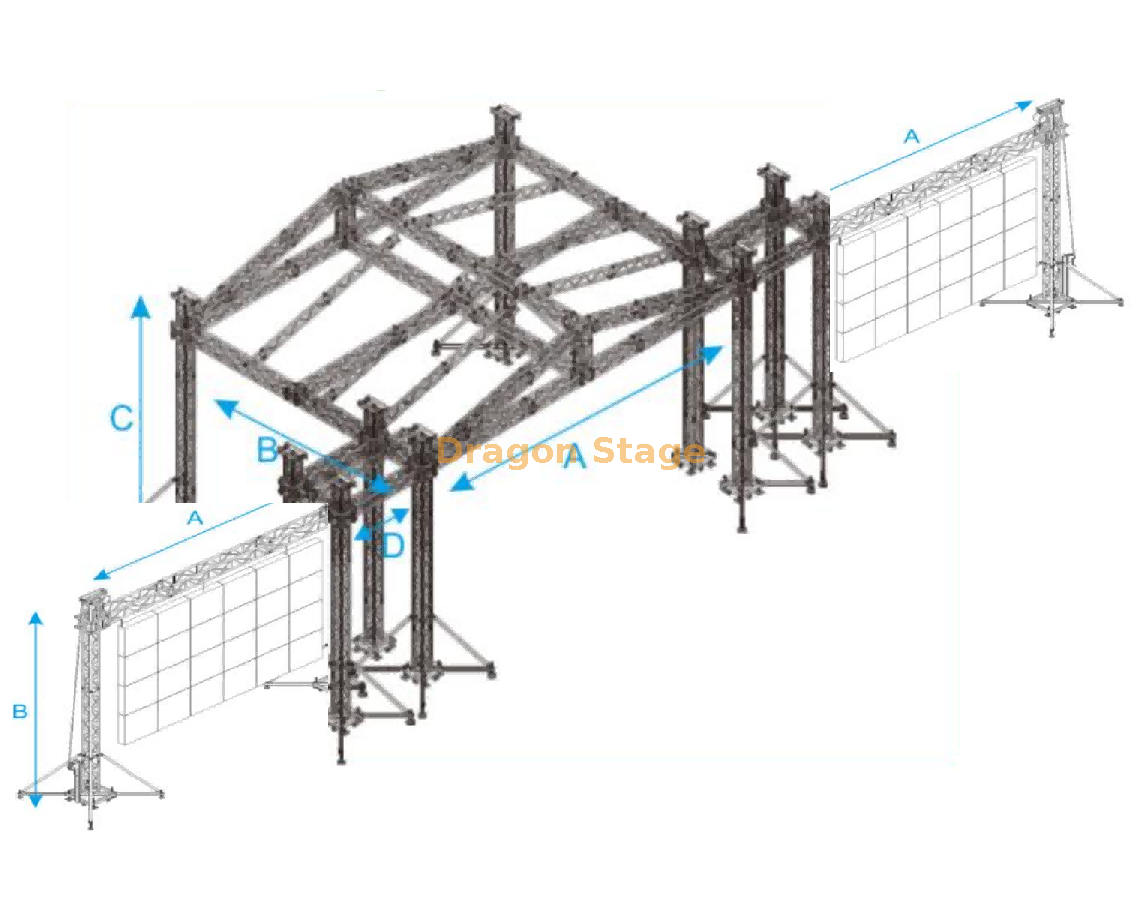 Scène de toit de concert de 20x12x6m avec tour d'ailes de PA et ferme de mur vidéo menée