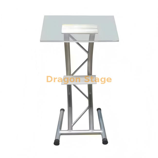 Podium moderne en acrylique transparent avec cadre en treillis en aluminium argent&eacute;