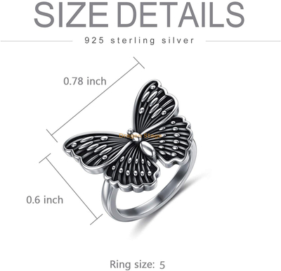 Déclaration femmes bagues bijoux en argent sterling 925 noir grandes bagues de papillon de mode