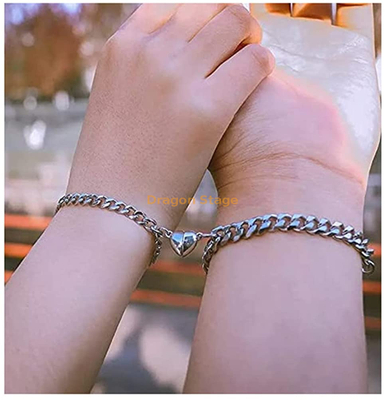 gros mode coeur couple bracelet en acier inoxydable chaîne cubaine bracelet magnétique pour les couples