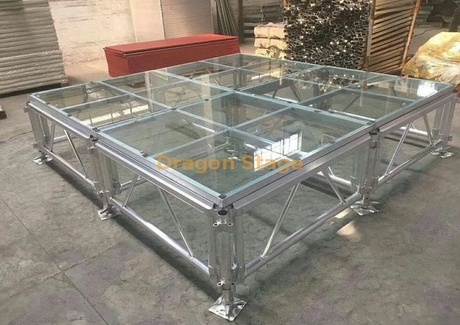 Scène de passerelle en verre acrylique transparent, hauteur 7,32x7,32 m, 24x24 pieds, hauteur 0,8-1,2 m, 2 escaliers réglables