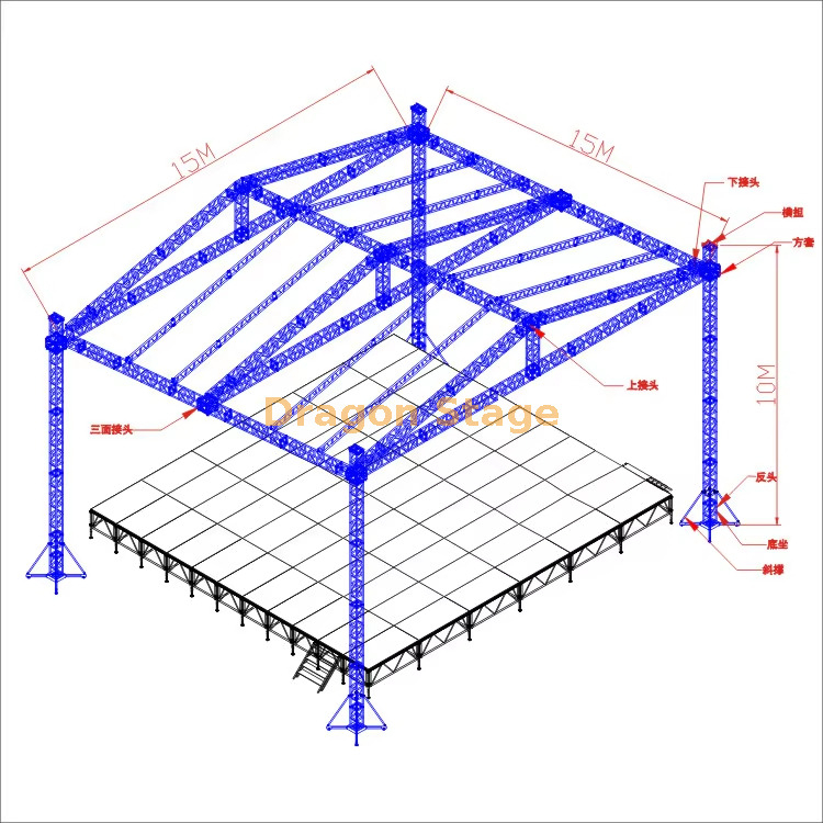Système de fermes de toit carrées robustes 15 x 15 x 10 m (hauteur 10 m, ferme à broche en aluminium)