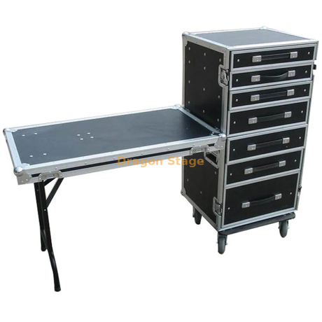 Flight case roulant 20U avec 7 tiroirs + table d'appoint détachable sur toute la longueur et roulettes robustes Station de travail mobile ultime
