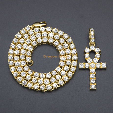 Hiphop Bijoux Unisexe CZ Diamant Ankh Clé Collier Tennis Chaîne
