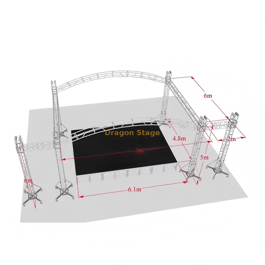 Système de ferme de scène de toit incurvé en aluminium 7x6x5m avec ailes de haut-parleur de 2m
