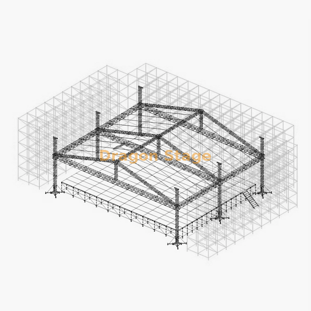 Mur en treillis Ringlock de 36 m avec scène de toiture en aluminium de 21 x 20 m, 2 ailes LED avant et 2 escaliers en aluminium