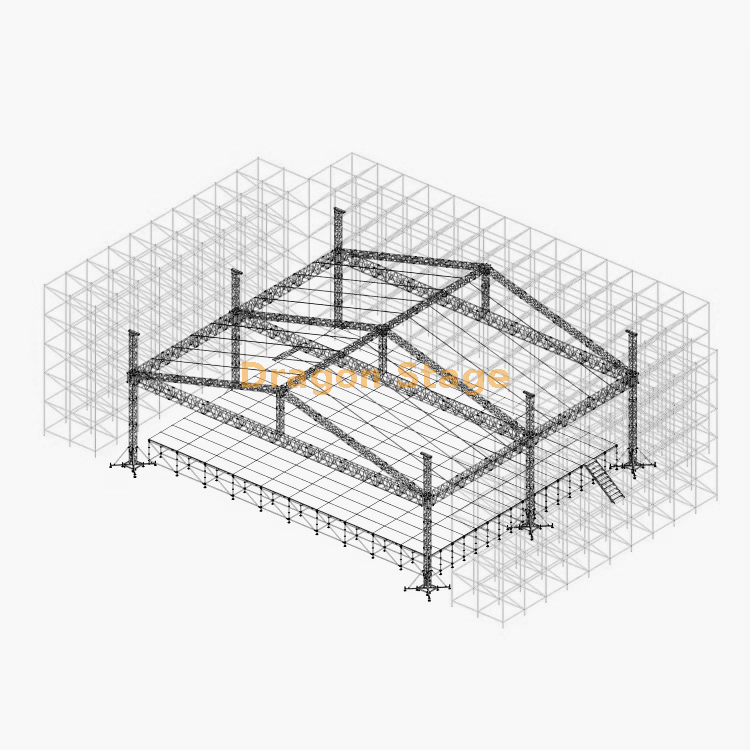 Mur en treillis Ringlock de 36 m avec scène de toiture en aluminium de 21 x 20 m, 2 ailes LED avant et 2 escaliers en aluminium