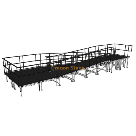 Rampe de scène modulaire en aluminium Switchback de 10,27 x 3,24 m avec palier et double garde-corps