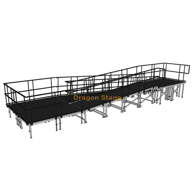 Rampe de scène modulaire en aluminium Switchback de 10,27 x 3,24 m avec palier et double garde-corps