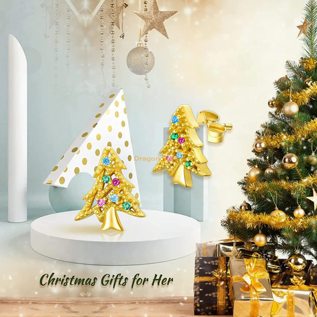 femmes filles bijoux cadeau approvisionnement en acier inoxydable plaqué or strass arbre de noël boucles d'oreilles