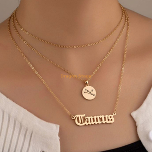 Mode Femmes Astrologie Bijoux En Acier Inoxydable Horoscope 18k Plaqué Or 12 Constellations Du Zodiaque Pendentif Collier