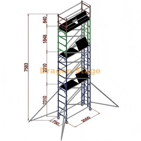 tour d'échafaudage simple de support fait sur commande en aluminium de 0.75x2x7.53M