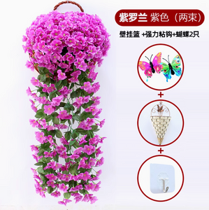 Simulate Mur Mur d'orchidée Grande broderie Artificiel Plastic Fleur Fleur Fleur de soie Roard Purple Red 2 Bundles de gros panier suspendu sans violet + 2 papillons + crochet