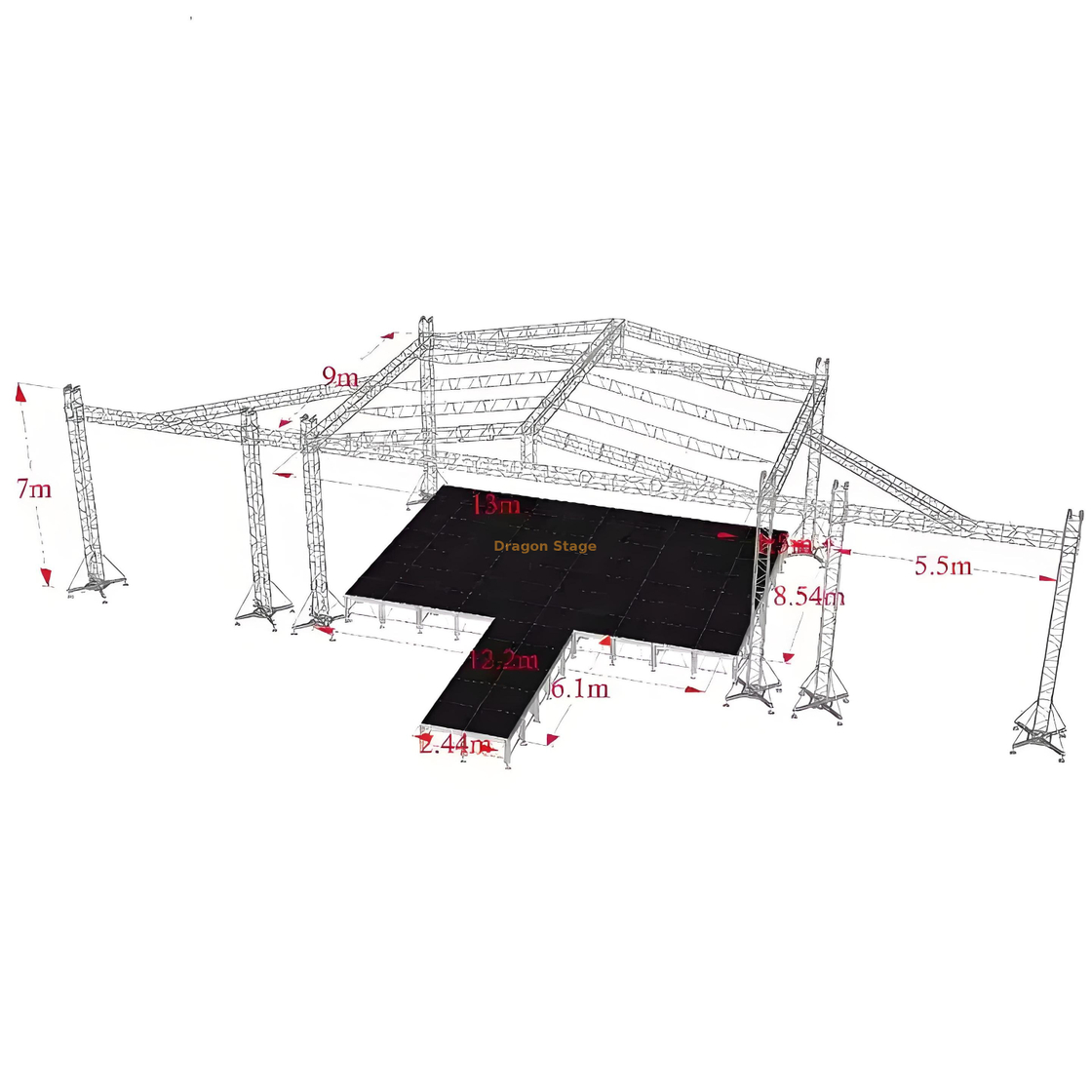Spruss de stade de toit en aluminium avec une ligne de ligne LED se dresse 13x9x7m