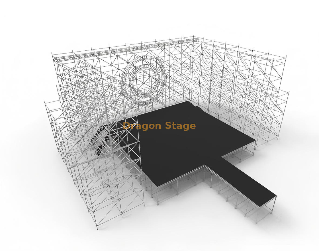 Scène de concert Ringlock de 12 x 10 m avec piste de 2 x 6 m, structures latérales LED et ferme circulaire de 400 mm