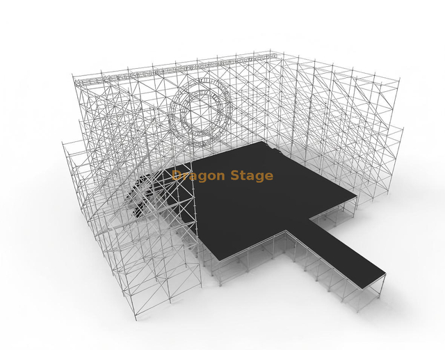 Scène de concert Ringlock de 12 x 10 m avec piste de 2 x 6 m, structures latérales LED et ferme circulaire de 400 mm